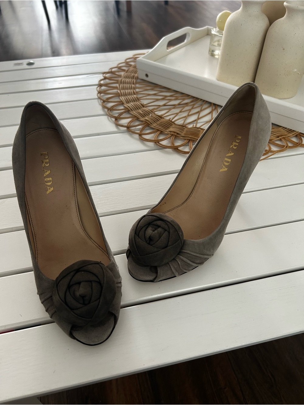 Prada Gray Suede Peep-Toe Heels with Rosette